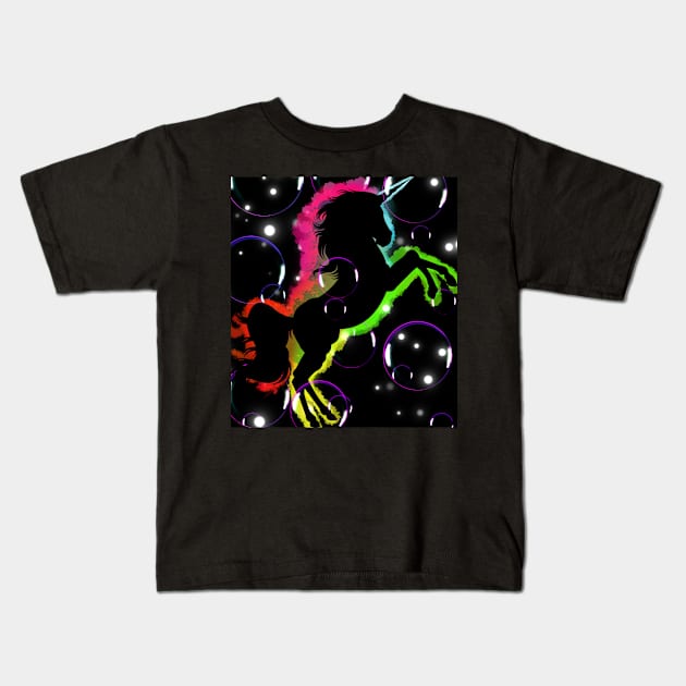 Neon color unicorn bubbles Kids T-Shirt by Drawn by Nathally 